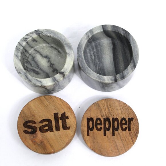 Marble Black & White Salt & Pepper Bowls Salt Cellar Set Natural Wood Covers - Picture 3 of 5